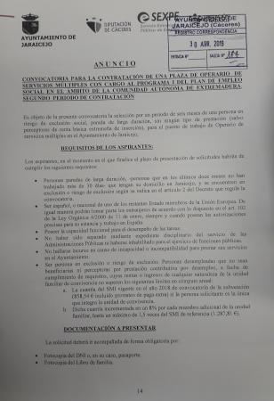 Imagen CONVOCATORIA DE UNA PLAZA DE OPERARIO POR EL PLAN EMPLEO SOCIAL