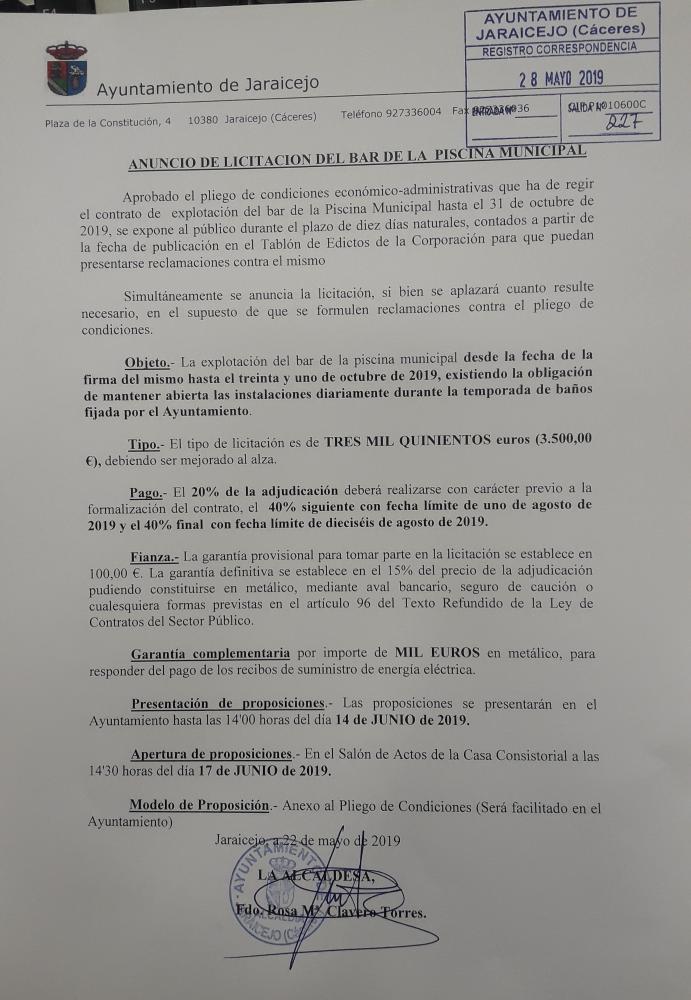 Imagen ANUNCIO DE LICITACIÓN DEL BAR DE LA PISCINA MUNICIPAL